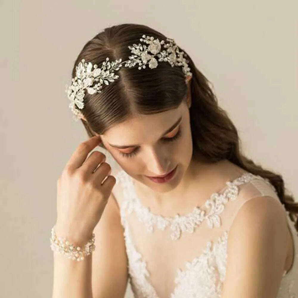 Women Silver Leaf Rhinestones Heabdand Wedding Hair Jewelry Bridal Hair Accessories for Bride Women - KIMLUD