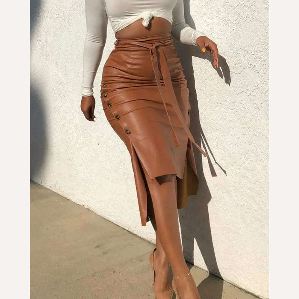 KIMLUD, Women Skirt Female Drawstring High Waist Pleated Asymmetrical Outfits Elegant Ladies Solid Bag Hip Clothing PU Leather, KIMLUD Womens Clothes
