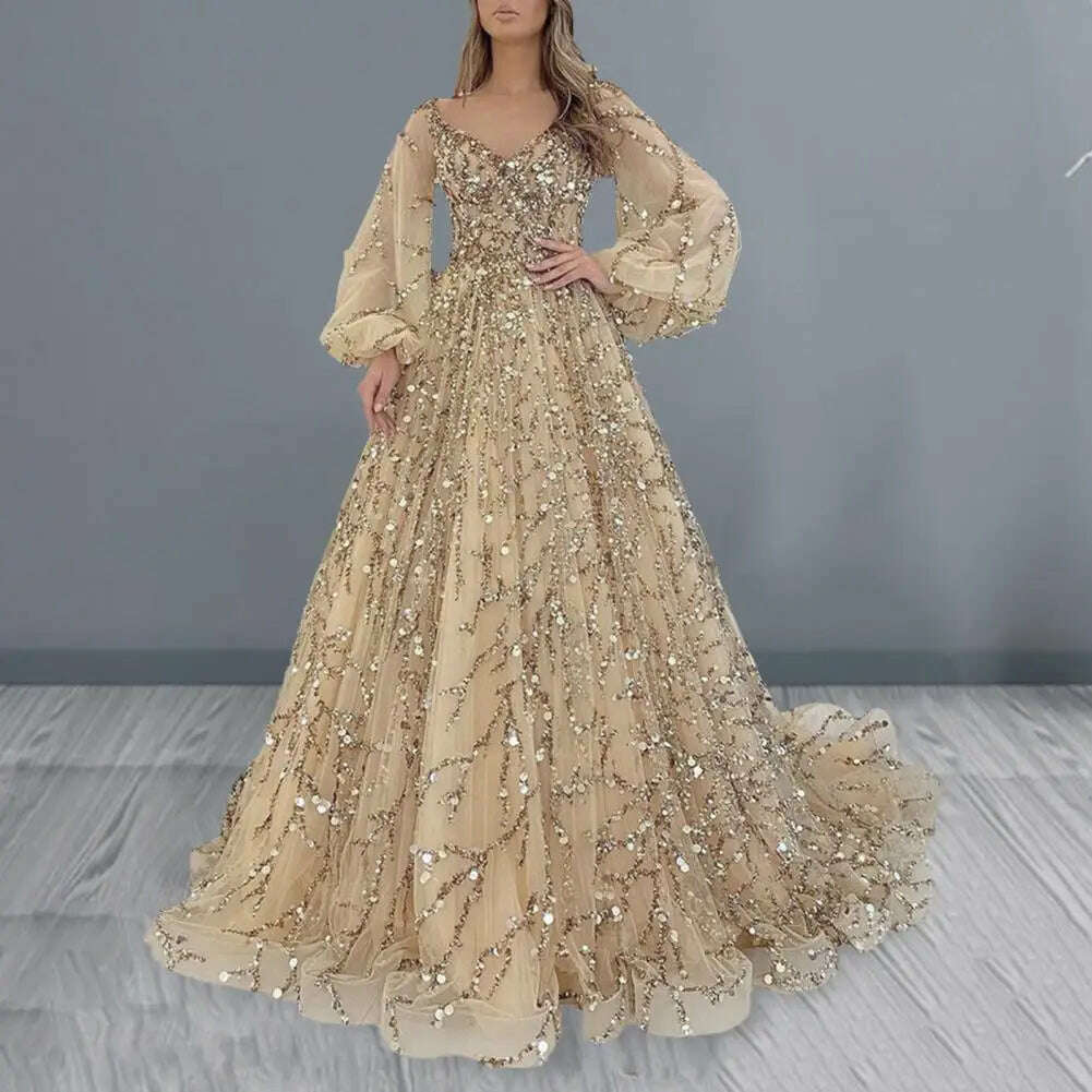 KIMLUD, Women Slim-fitting Dress Elegant V Neck Sequin Beaded Evening Gown with Lantern Sleeves Double-layered for Women for Cocktail, KIMLUD Womens Clothes