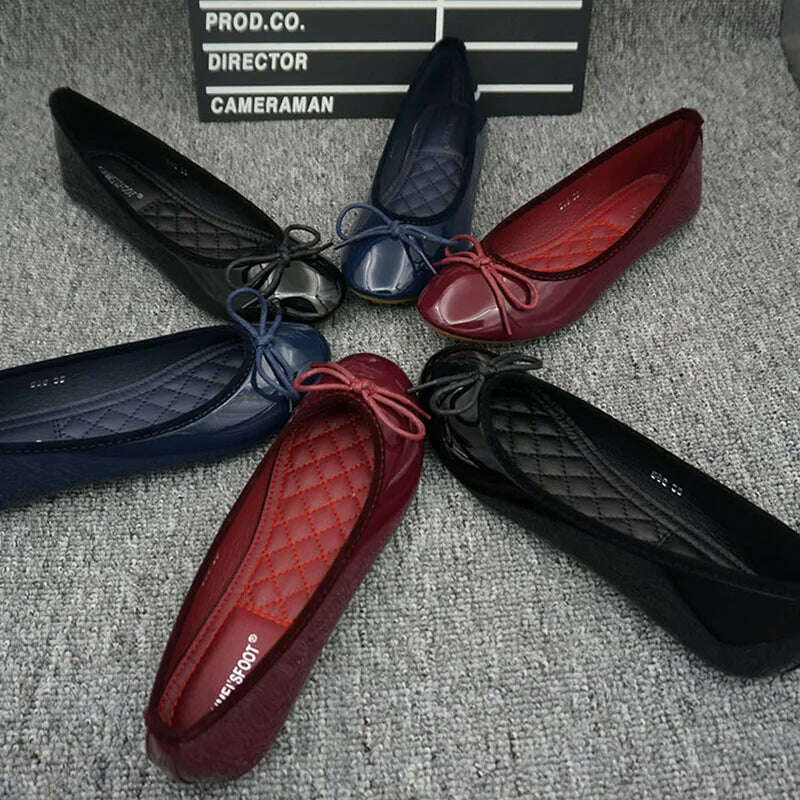 Women Slip on Flat Shoes Round Toe Shallow Butterfly-Knot Ballerina Loafers Patent Leather Lady Ballet - KIMLUD