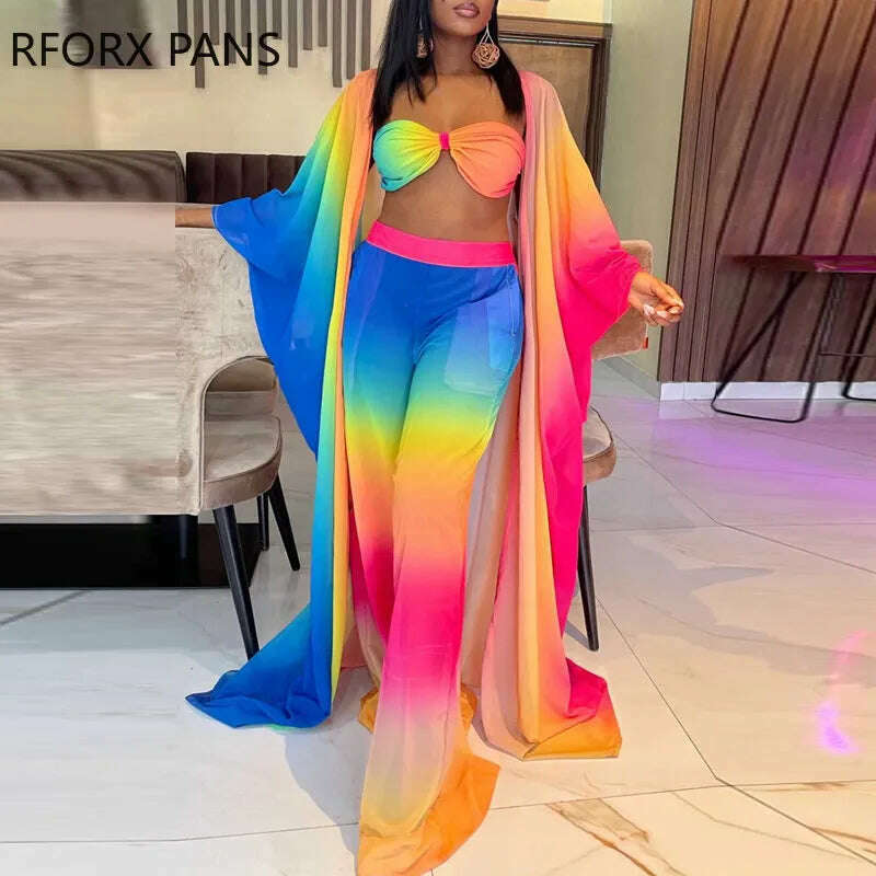 KIMLUD, Women Solid Allover Gradient Color Bras Inside X-long Jacket Top Three Pieces Vacation Pants Set, MULTI / S, KIMLUD APPAREL - Womens Clothes