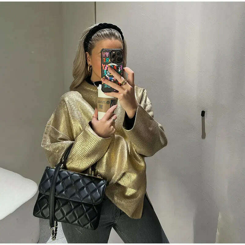 KIMLUD, Women Solid O Neck Pullover Top Elegant Loose Long Sleeve Gold Sweatshirt 2023 Autumn Female Fashion Casual Shinny Outerwear, Gold / S, KIMLUD APPAREL - Womens Clothes