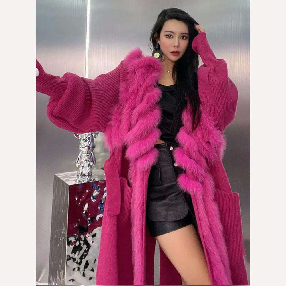 KIMLUD, Women Special Autumn Real Fox Fur Knitting OverSize Coat Fox Fur Collar Lady's Fashion Spring Long Sweater Length 110cm, Rose Red / One Size Bust 140cm, KIMLUD Womens Clothes