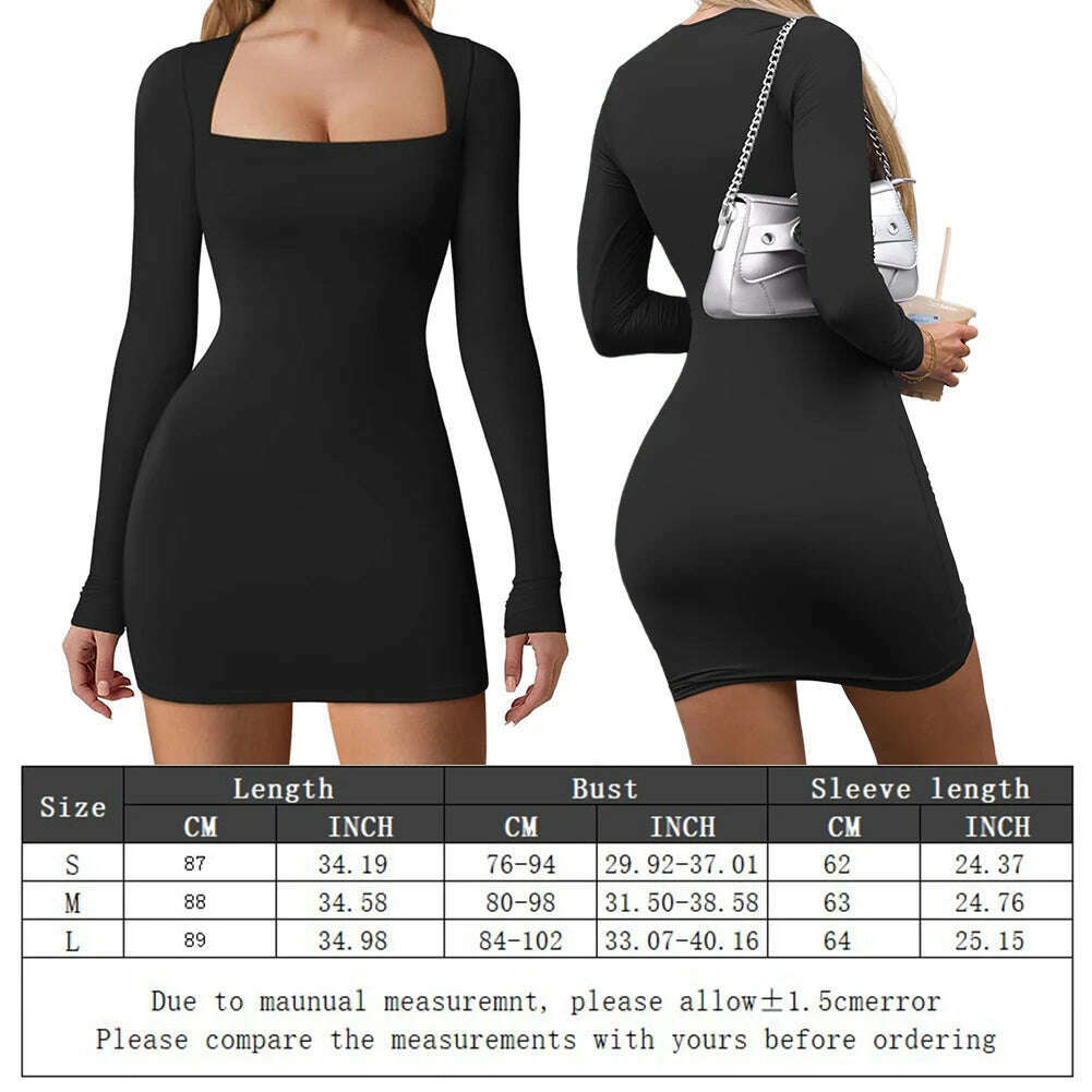 KIMLUD, Women Square Neck Dress Long Sleeve Buttocks Wrapped Dress Slim Fit Bodycon Sexy Dress Ladies Club Streetwear, KIMLUD Womens Clothes