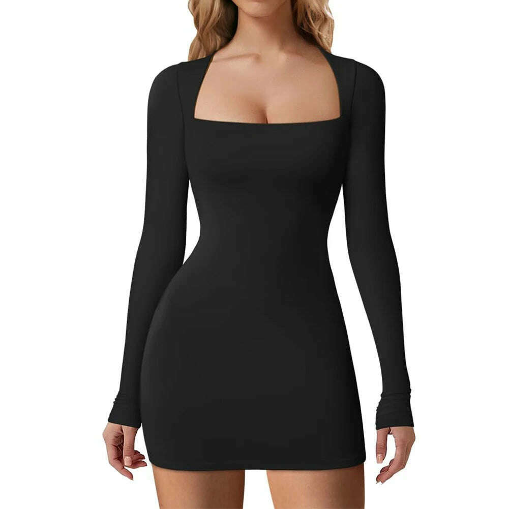 KIMLUD, Women Square Neck Dress Long Sleeve Buttocks Wrapped Dress Slim Fit Bodycon Sexy Dress Ladies Club Streetwear, Black / S, KIMLUD Womens Clothes