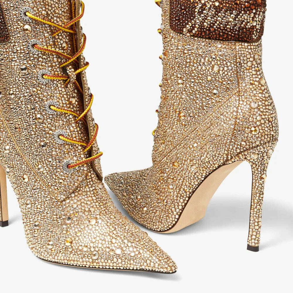 Women Stiletto Thin Heels Luxury Shoes Custom Flash Diamonds High-Heeled Short Boots Gold Lace Up Ankle Booty - KIMLUD