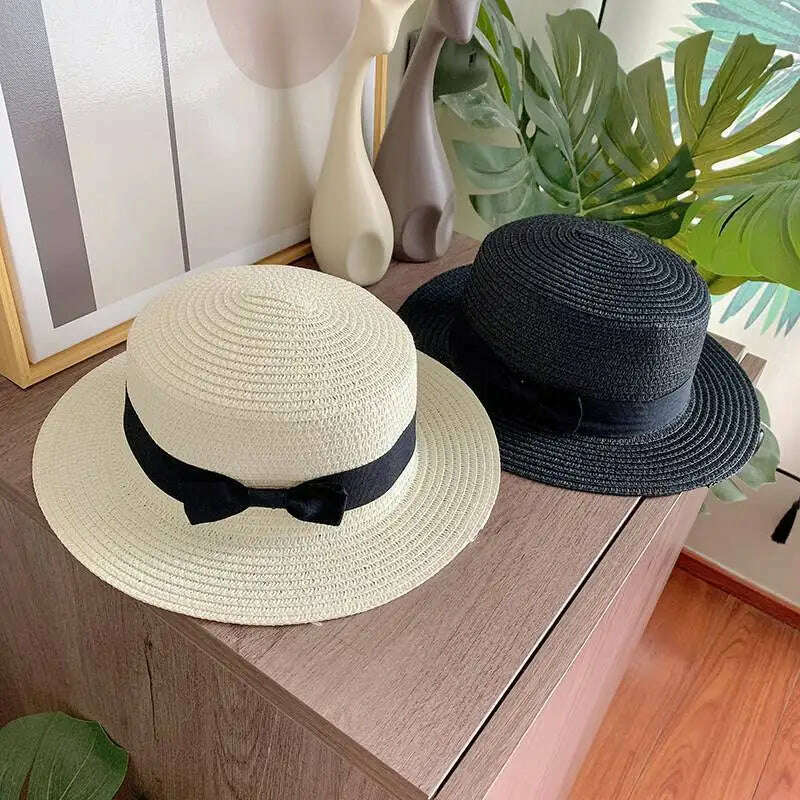 women straw hat Flat Top Straw Hat Vacation Casual Shopping Beach Hats for Woman Hats for girls Church Courtesy Panama Sun Hat - KIMLUD
