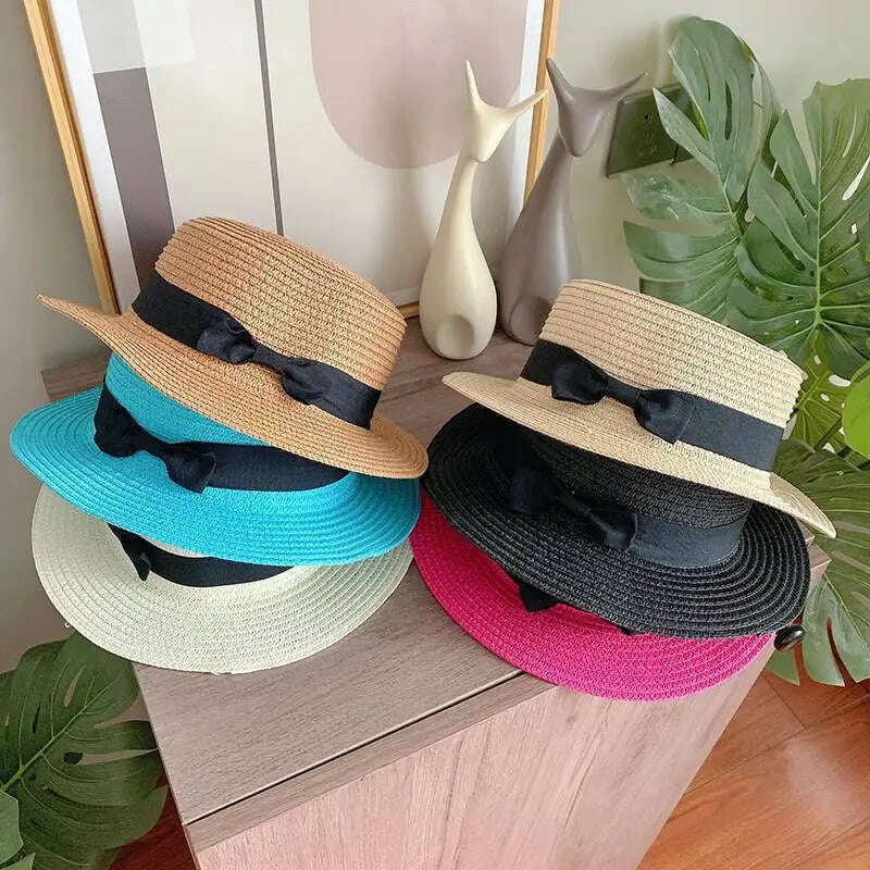 KIMLUD, women straw hat  Flat Top Straw Hat Vacation Casual Shopping Beach Hats for Woman Hats for girls Church Courtesy Panama Sun Hat, KIMLUD Womens Clothes