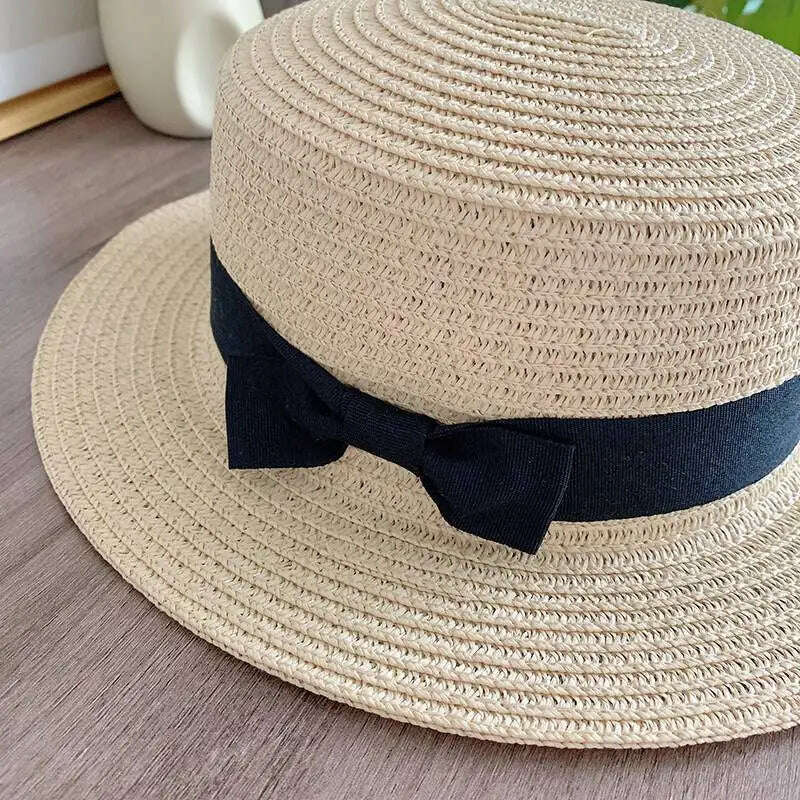 KIMLUD, women straw hat  Flat Top Straw Hat Vacation Casual Shopping Beach Hats for Woman Hats for girls Church Courtesy Panama Sun Hat, KIMLUD Womens Clothes