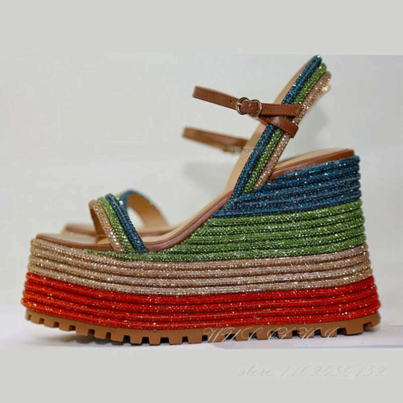 KIMLUD, Women Sugarbaby Crystal Sequin Striped Wedge Sandals Platform 12.5Cm Heels Red Green Buckle Mixed Colors Open Bling Dress Shoes, KIMLUD Womens Clothes