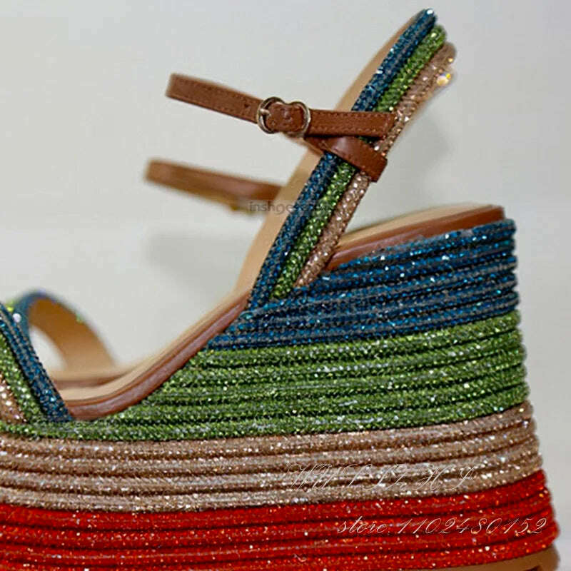 KIMLUD, Women Sugarbaby Crystal Sequin Striped Wedge Sandals Platform 12.5Cm Heels Red Green Buckle Mixed Colors Open Bling Dress Shoes, KIMLUD Womens Clothes