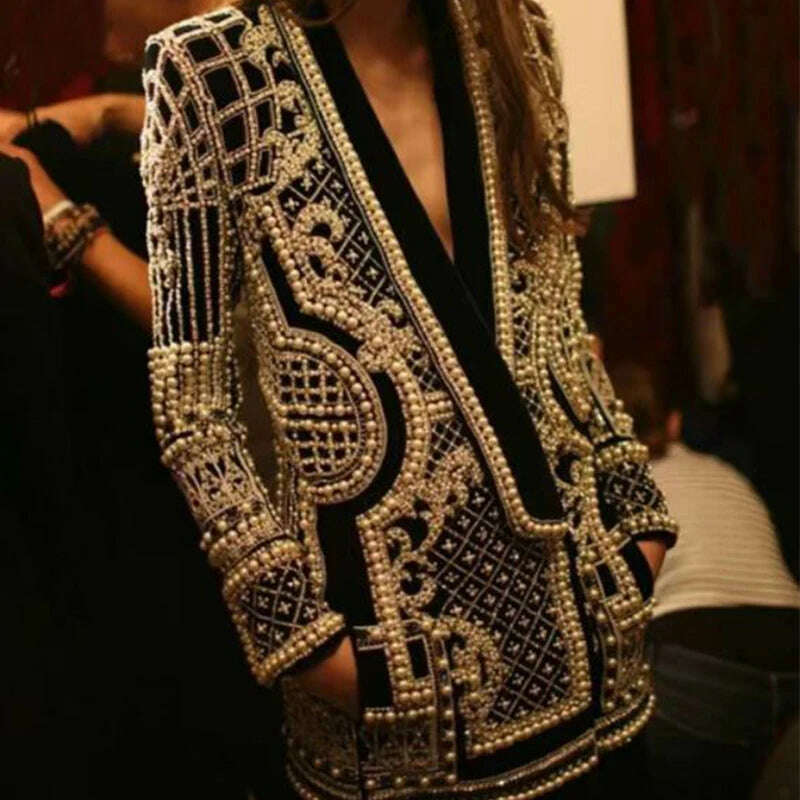 KIMLUD, Women Suit Jacket V-Neck Long Sleeved Bubble Bead Print Retro Elegant Fashion Trend Versatile Loose Comfortable Suit Overcoat, Gold / M, KIMLUD APPAREL - Womens Clothes