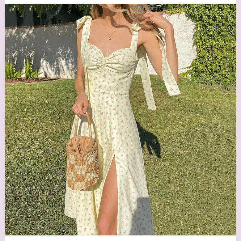KIMLUD, Women Summer Beach Dress Spathetic Strapless Dress Suspenders Sexy Slit Floral Dress Summer Bandage Sundress Female Vestidos, Light Yellow / XXL, KIMLUD APPAREL - Womens Clothes