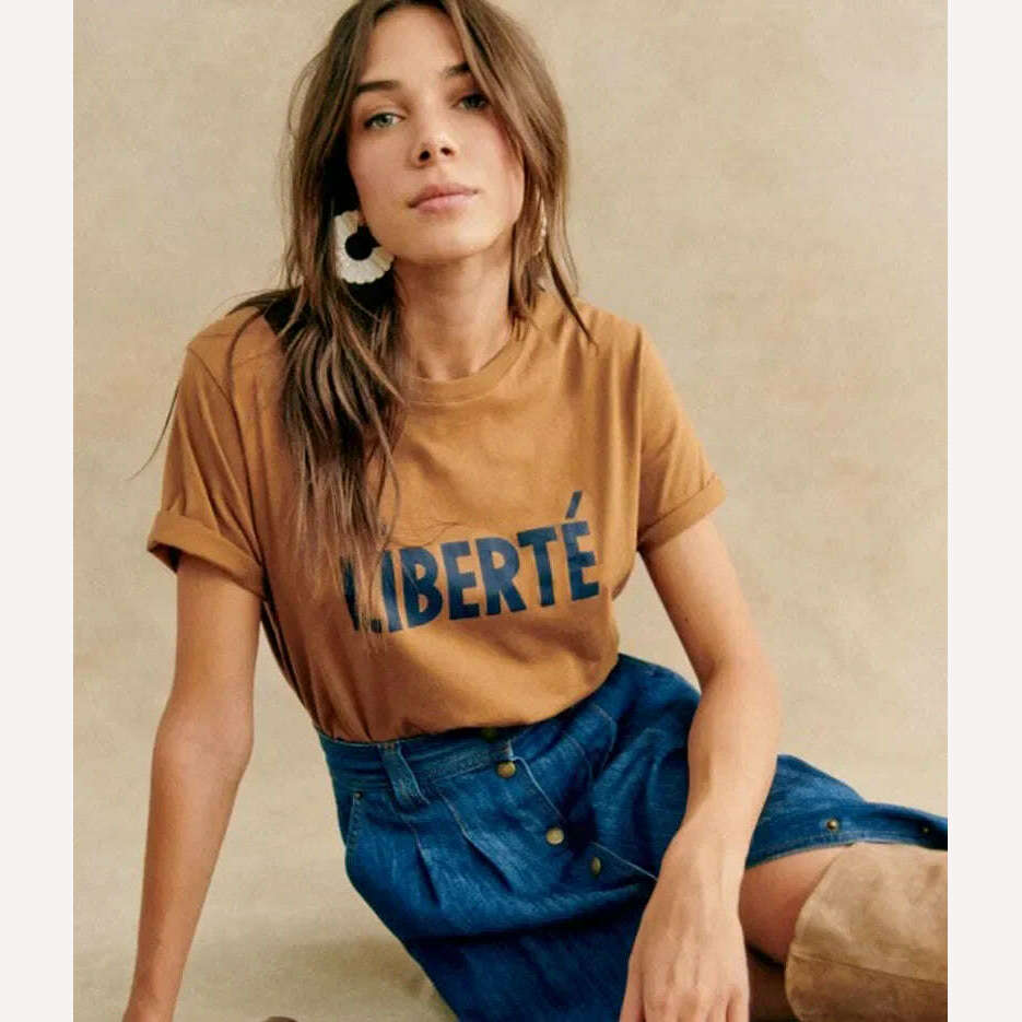 KIMLUD, Women Summer Fashion Commuter 100% Cotton Letter Printed Short-sleeved Straight Loose T-shirt 2024 Summer, KIMLUD Womens Clothes