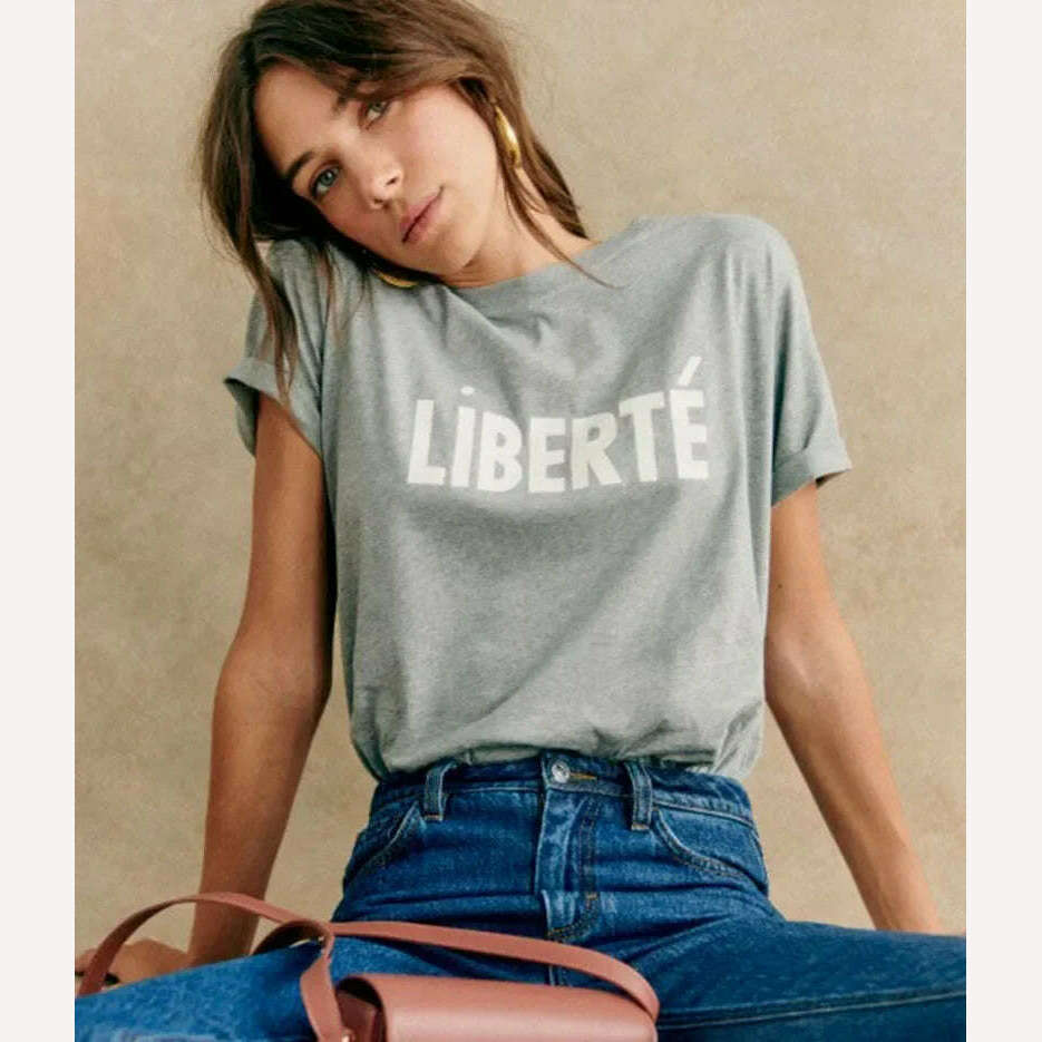 KIMLUD, Women Summer Fashion Commuter 100% Cotton Letter Printed Short-sleeved Straight Loose T-shirt 2024 Summer, KIMLUD Womens Clothes