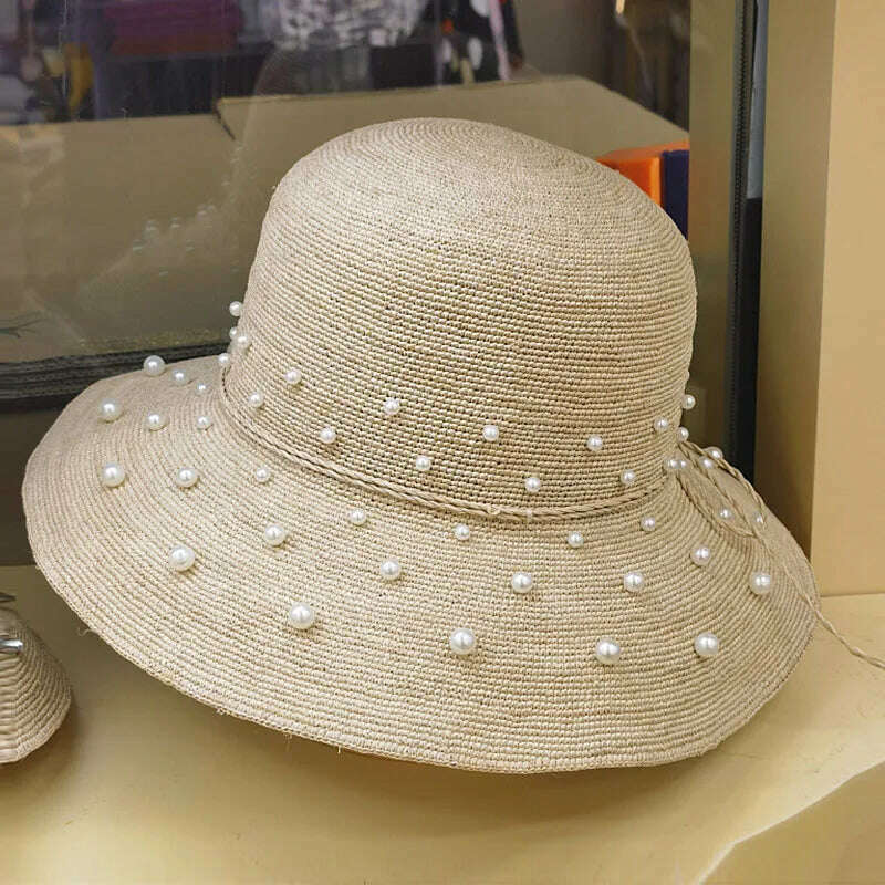 KIMLUD, Women Summer Hat Fine Handmade Raffia Pearls Straw Hats Wide Brim Sun Hat Rhinstone Bucket Hat Derby Elegant Ladies Party Hat, KIMLUD Womens Clothes