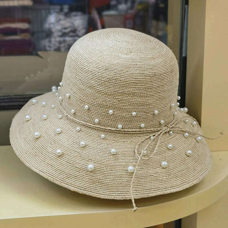 KIMLUD, Women Summer Hat Fine Handmade Raffia Pearls Straw Hats Wide Brim Sun Hat Rhinstone Bucket Hat Derby Elegant Ladies Party Hat, KIMLUD Womens Clothes