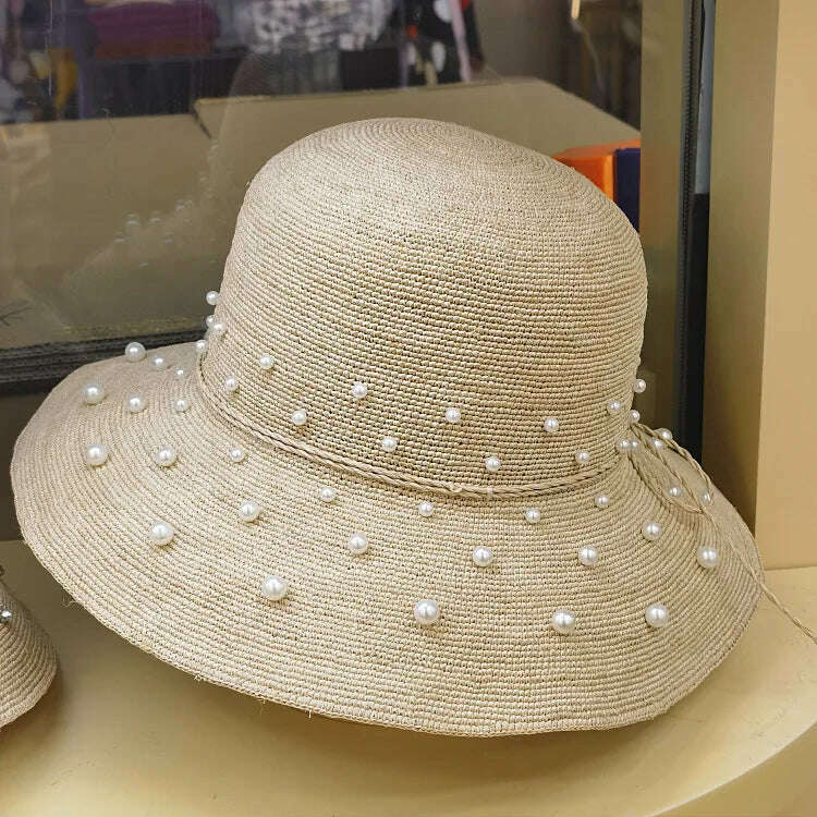 KIMLUD, Women Summer Hat Fine Handmade Raffia Pearls Straw Hats Wide Brim Sun Hat Rhinstone Bucket Hat Derby Elegant Ladies Party Hat, Pearls Style, KIMLUD Womens Clothes
