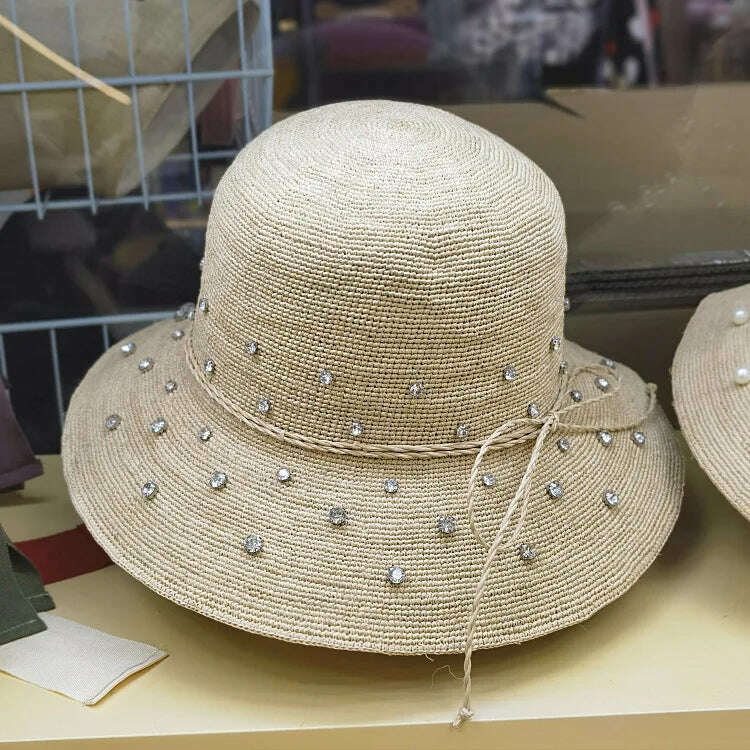 KIMLUD, Women Summer Hat Fine Handmade Raffia Pearls Straw Hats Wide Brim Sun Hat Rhinstone Bucket Hat Derby Elegant Ladies Party Hat, Rhinestone Style, KIMLUD Womens Clothes