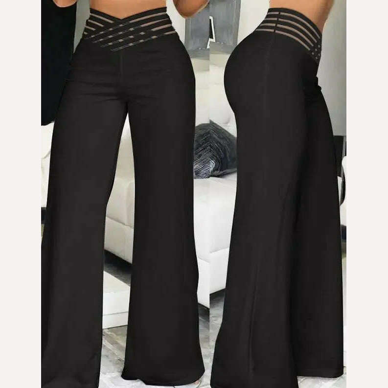 KIMLUD, Women Summer High Waist Pants European American Crisscross Sheer Mesh Patch Design Medium Stretch Fashion Flared Casual Trousers, A / S, KIMLUD APPAREL - Womens Clothes