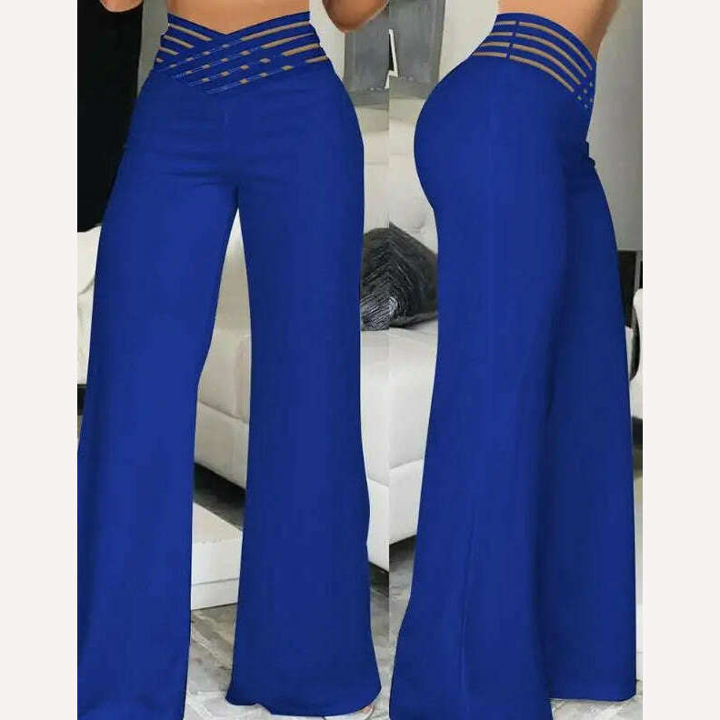 KIMLUD, Women Summer High Waist Pants European American Crisscross Sheer Mesh Patch Design Medium Stretch Fashion Flared Casual Trousers, B / S, KIMLUD APPAREL - Womens Clothes