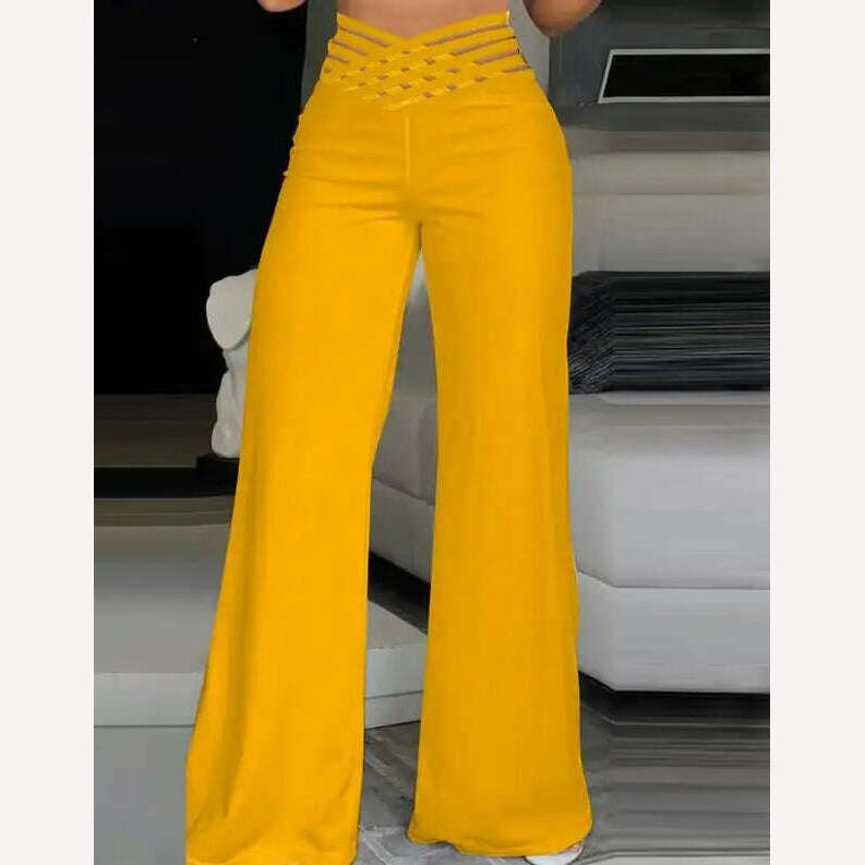 KIMLUD, Women Summer High Waist Pants European American Crisscross Sheer Mesh Patch Design Medium Stretch Fashion Flared Casual Trousers, KIMLUD Womens Clothes