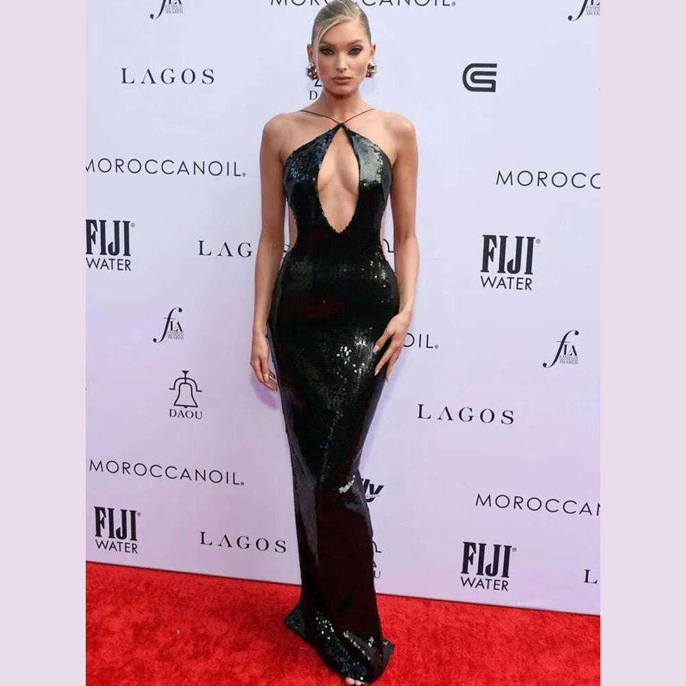 Women Summer Luxury Sexy Backless Halter Black Mesh Sequins Maxi Long Gowns Dress Elegant Sparkly Evening Party Club Dress - KIMLUD