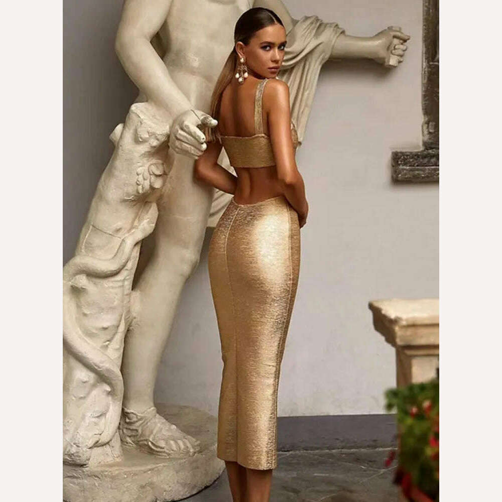 KIMLUD, Women Summer Sexy Backless Hollow Out Midi Gold Bronzing Bodycon Bandage Dress 2023 Elegant Evening Club Party Dress, KIMLUD Womens Clothes