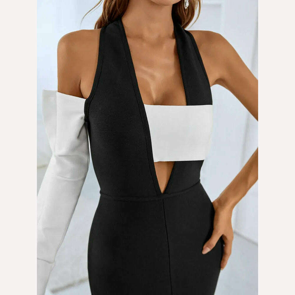 KIMLUD, Women Summer Sexy Single Sleeve Patchwork Key Hole Maxi Long Bodycon Bandage Dress 2022 Elegant Evening Club Party Dress, KIMLUD Womens Clothes