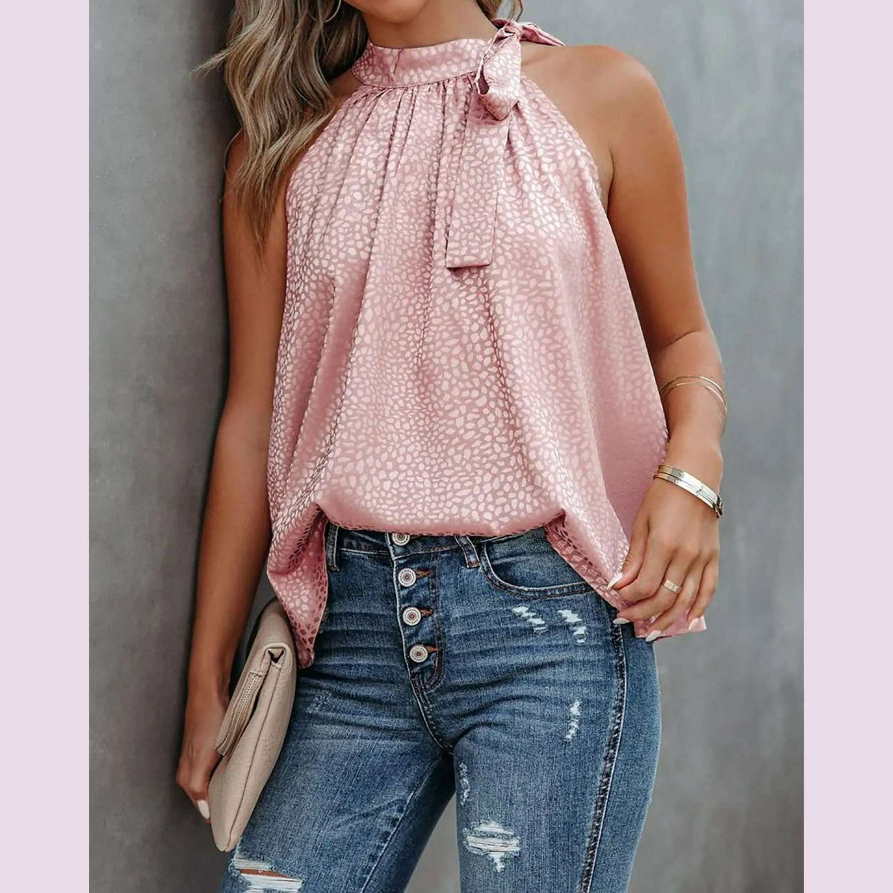 KIMLUD, Women Summer Style Blouses Shirts Lady Casual Sleeveless Halter Collar Solid Color Blouse Tops DF5071, KIMLUD Womens Clothes
