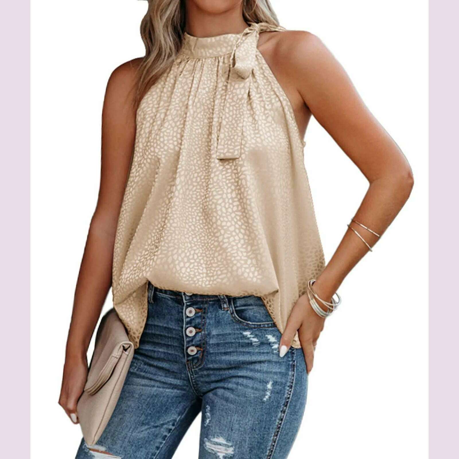 KIMLUD, Women Summer Style Blouses Shirts Lady Casual Sleeveless Halter Collar Solid Color Blouse Tops DF5071, beige / S, KIMLUD APPAREL - Womens Clothes