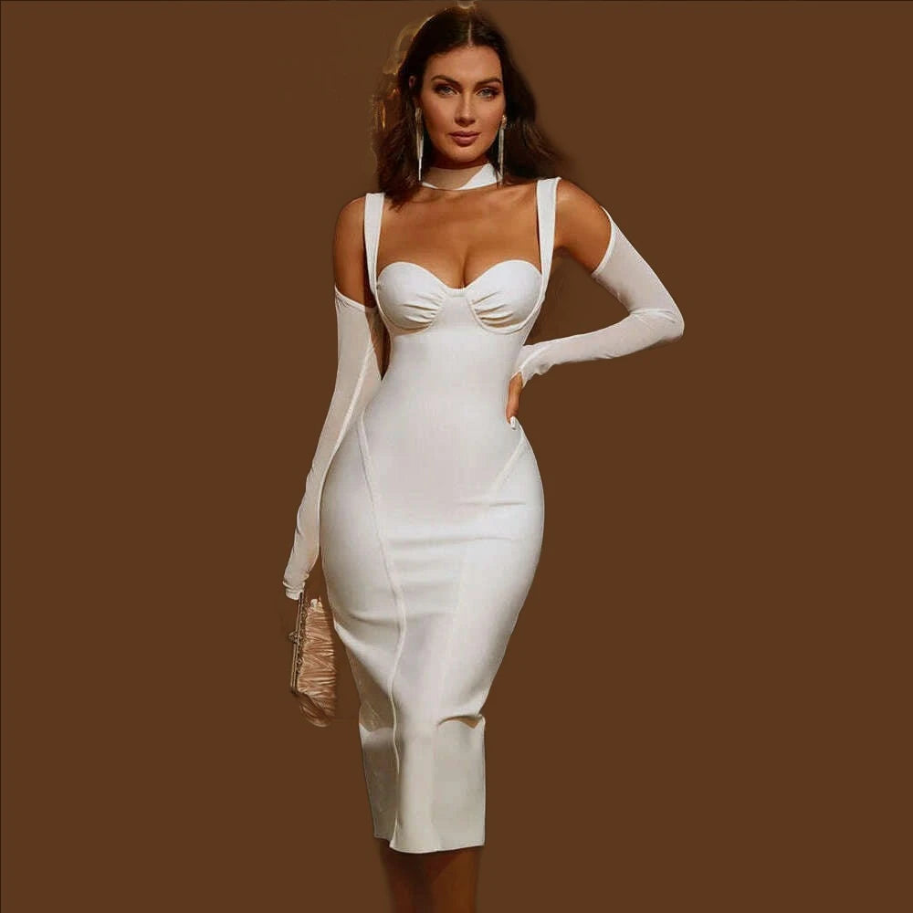 KIMLUD, Women Summer Style Sexy Key Hole Long Sleeve Mesh White Midi Bodycon Bandage Dress 2022 Elegant Evening Club Party Dress, KIMLUD Womens Clothes