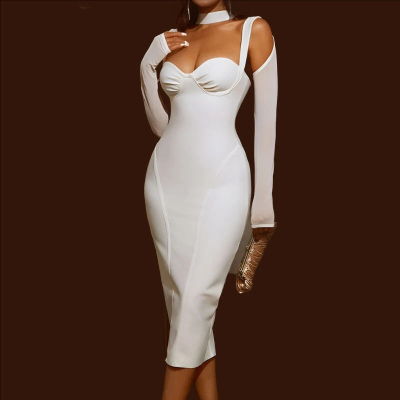 KIMLUD, Women Summer Style Sexy Key Hole Long Sleeve Mesh White Midi Bodycon Bandage Dress 2022 Elegant Evening Club Party Dress, KIMLUD Womens Clothes