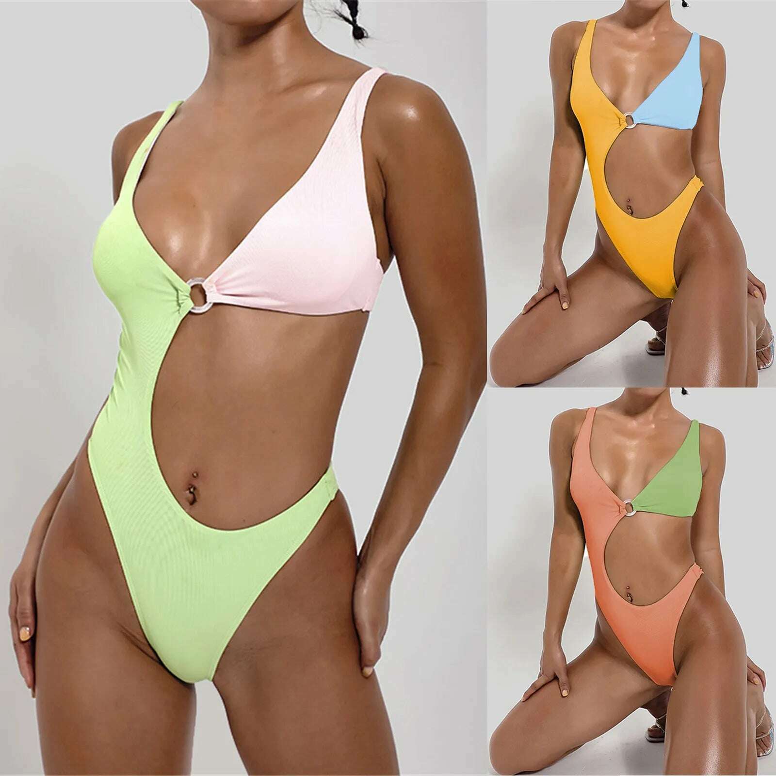 KIMLUD, Women Swimwear Contrast Solid Color Swimsuit Bikini Swimming Beachwear High Waist Female Bathing Suit Biquinis, Yellow / L / United States, KIMLUD Womens Clothes