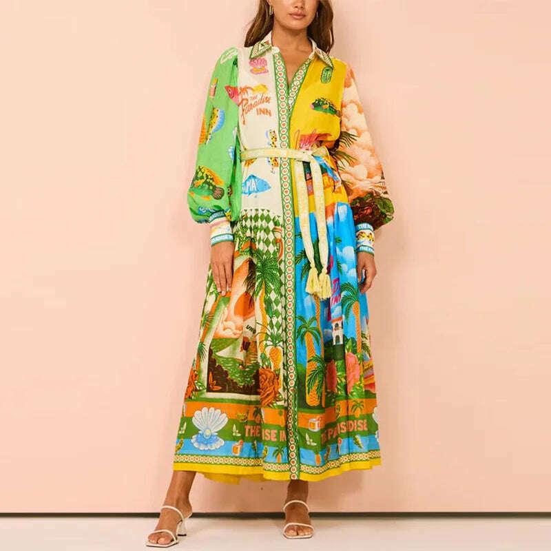 KIMLUD, Women Temperament Printed Lantern Sleeve Belt Shirt Mid-Length Dress Vestidos De Noche Juveniles Vestidos De Noche Juveniles, Picture color / S, KIMLUD APPAREL - Womens Clothes