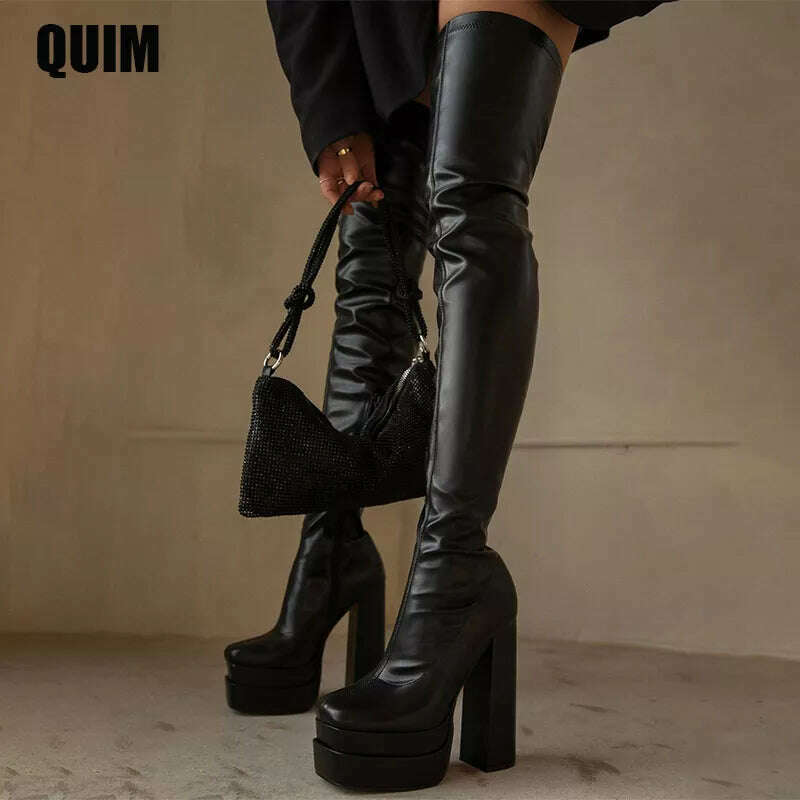 KIMLUD, Women Thigh High Boots Double Platform Block High Heels Over The Knee Boots Zip Sexy Long Shoes Boots For Woman, KIMLUD Womens Clothes
