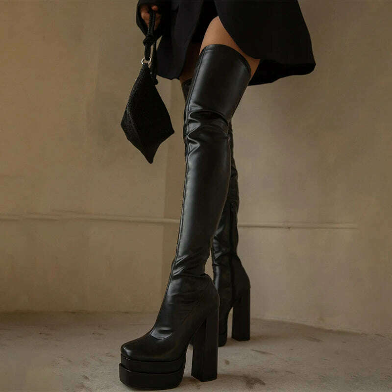 KIMLUD, Women Thigh High Boots Double Platform Block High Heels Over The Knee Boots Zip Sexy Long Shoes Boots For Woman, KIMLUD Womens Clothes
