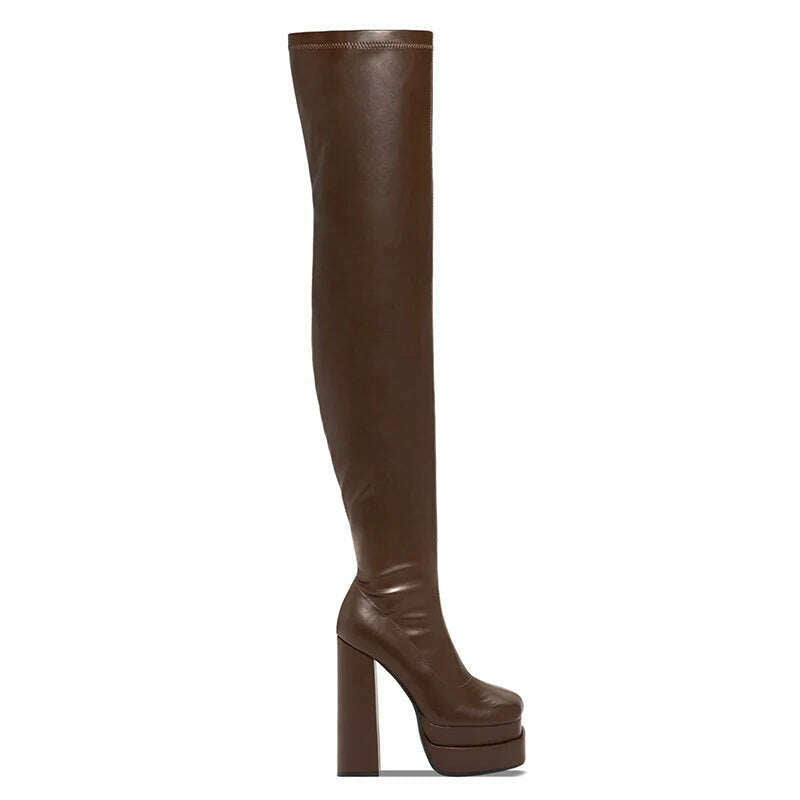 KIMLUD, Women Thigh High Boots Double Platform Block High Heels Over The Knee Boots Zip Sexy Long Shoes Boots For Woman, brown / 34, KIMLUD Women's Clothes