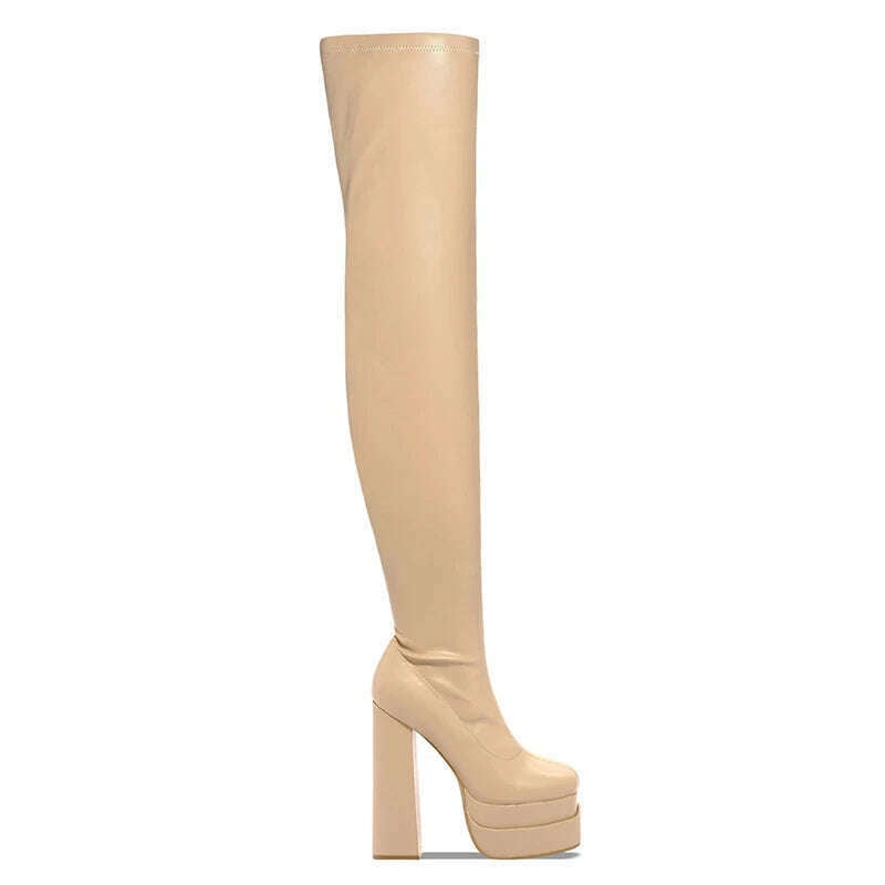 KIMLUD, Women Thigh High Boots Double Platform Block High Heels Over The Knee Boots Zip Sexy Long Shoes Boots For Woman, apricot / 34, KIMLUD Women's Clothes