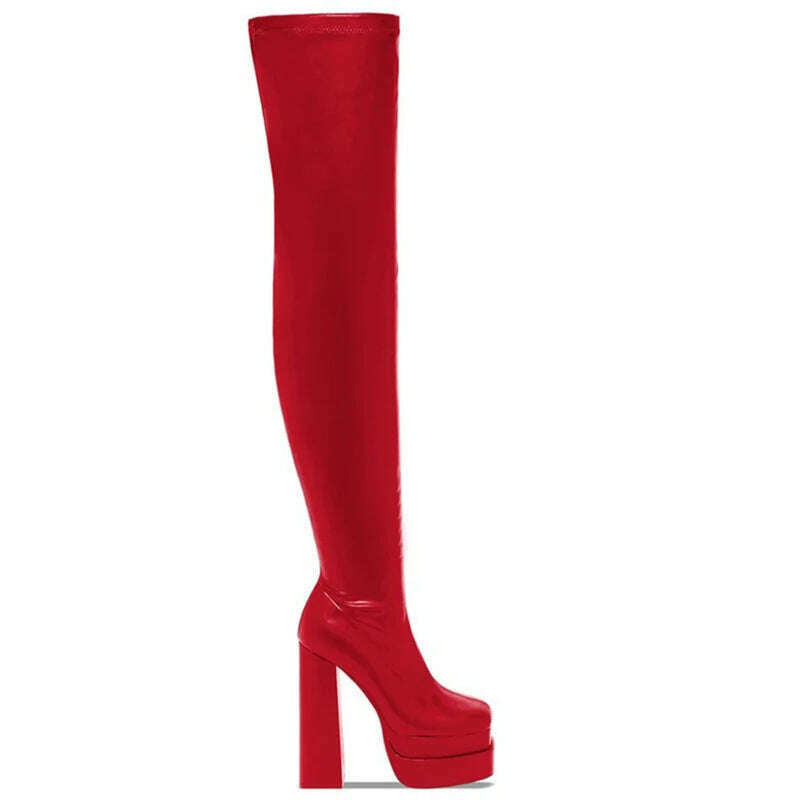 KIMLUD, Women Thigh High Boots Double Platform Block High Heels Over The Knee Boots Zip Sexy Long Shoes Boots For Woman, red / 34, KIMLUD Women's Clothes