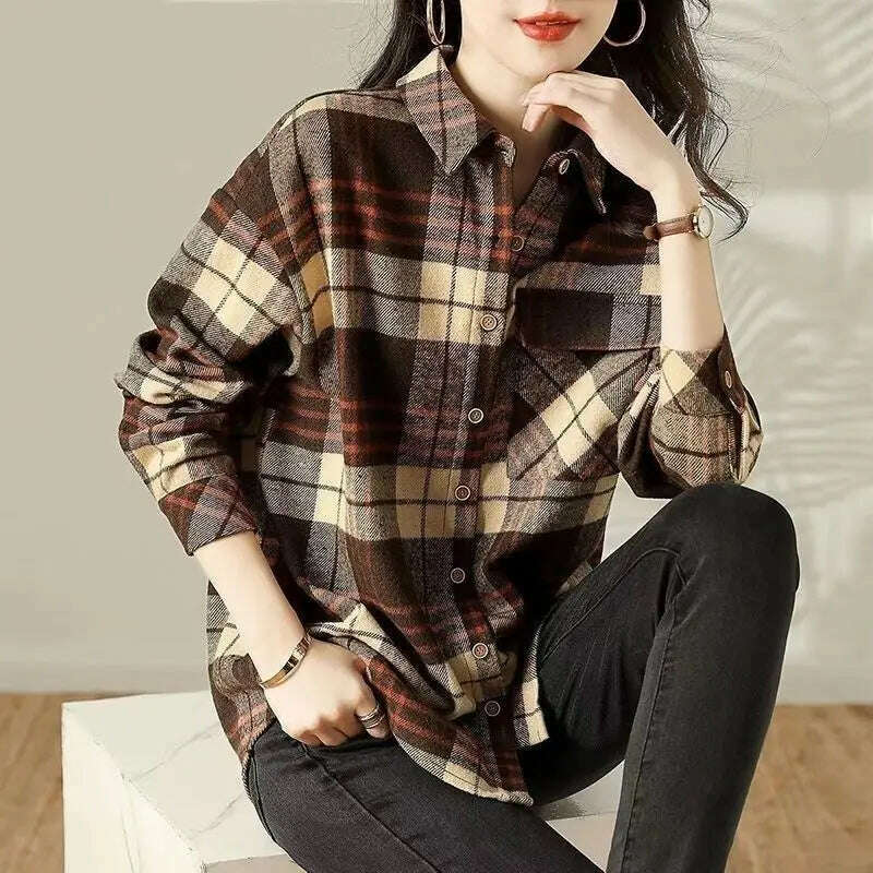 KIMLUD, Women Trendy Vintage Plaid Thick Y2K Button Shirts Autumn Winter Casual Streetwear Pockets Blouses Female Long Sleeve Loose Tops, Coffee Thin / L(55-62.5kg), KIMLUD Womens Clothes