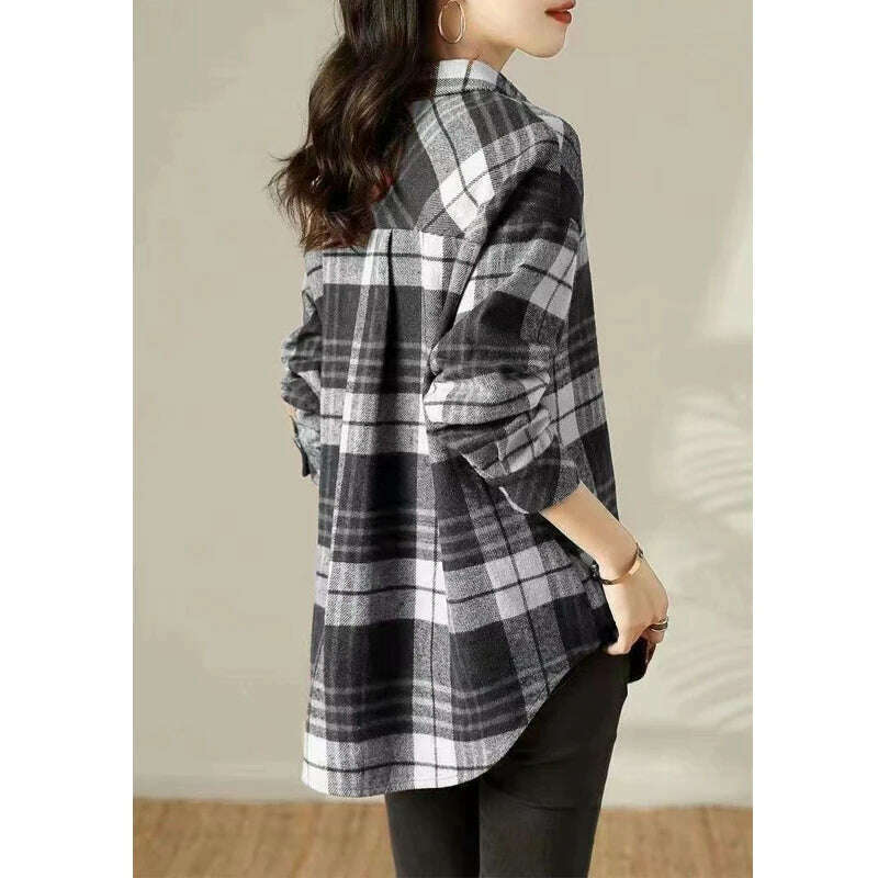 Women Trendy Vintage Plaid Thick Y2K Button Shirts Autumn Winter Casual Streetwear Pockets Blouses Female Long Sleeve Loose Tops - KIMLUD