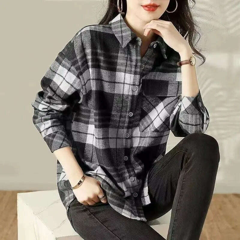 KIMLUD, Women Trendy Vintage Plaid Thick Y2K Button Shirts Autumn Winter Casual Streetwear Pockets Blouses Female Long Sleeve Loose Tops, Black White Thin / XXXL(75-87.5kg), KIMLUD Womens Clothes