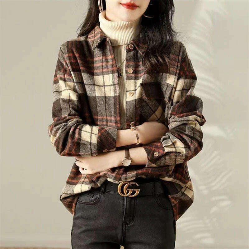 Women Trendy Vintage Plaid Thick Y2K Button Shirts Autumn Winter Casual Streetwear Pockets Blouses Female Long Sleeve Loose Tops - KIMLUD