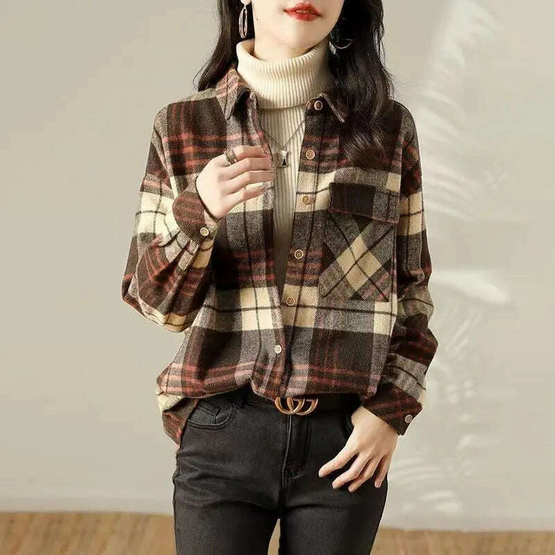 Women Trendy Vintage Plaid Thick Y2K Button Shirts Autumn Winter Casual Streetwear Pockets Blouses Female Long Sleeve Loose Tops - KIMLUD