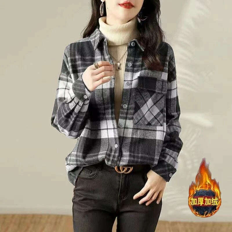 Women Trendy Vintage Plaid Thick Y2K Button Shirts Autumn Winter Casual Streetwear Pockets Blouses Female Long Sleeve Loose Tops - KIMLUD