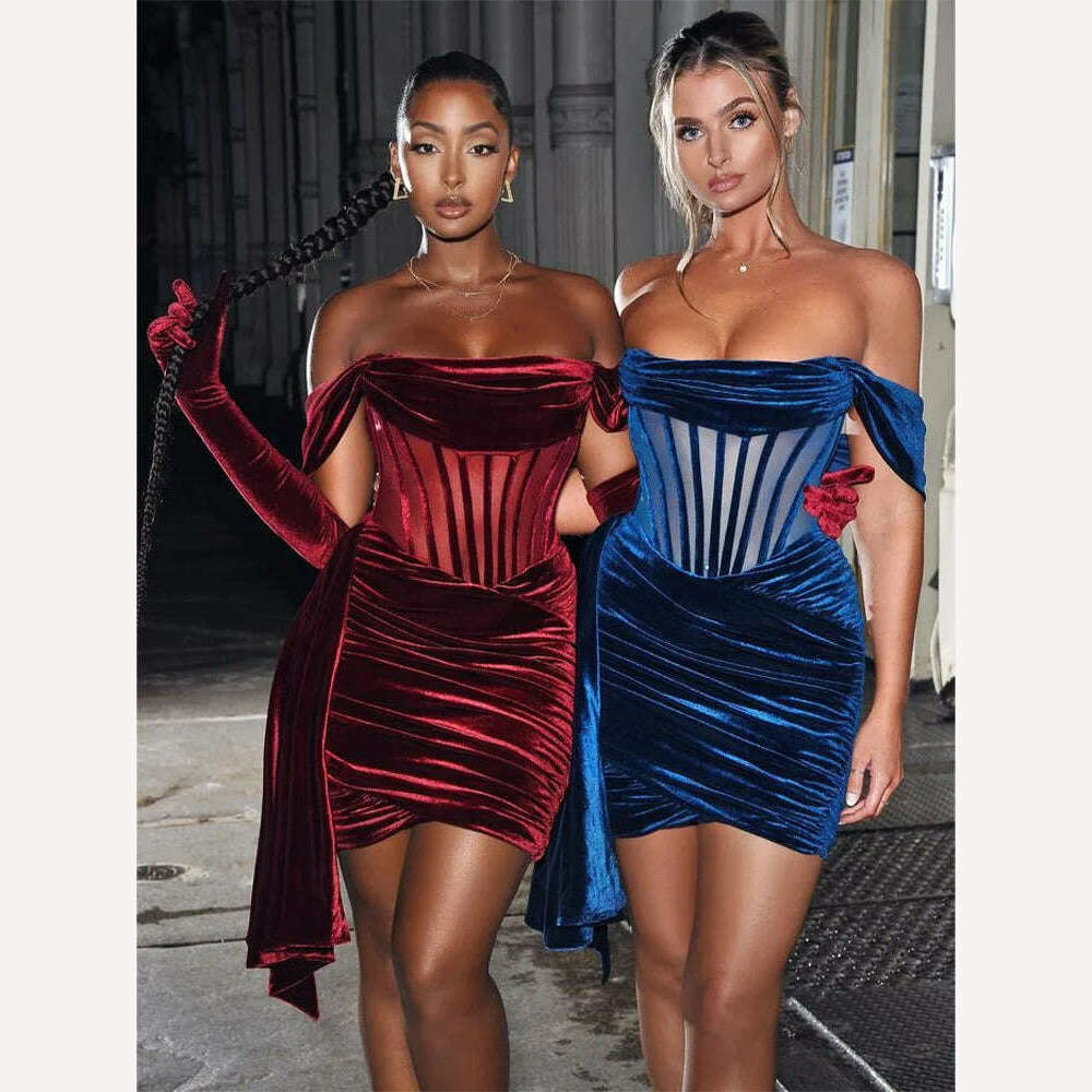 KIMLUD, Women Velvet Draping Off Shoulder Corset Wrap Mini Dress Formal Occasions Birthday Event Party Dresses платье женское, KIMLUD Womens Clothes