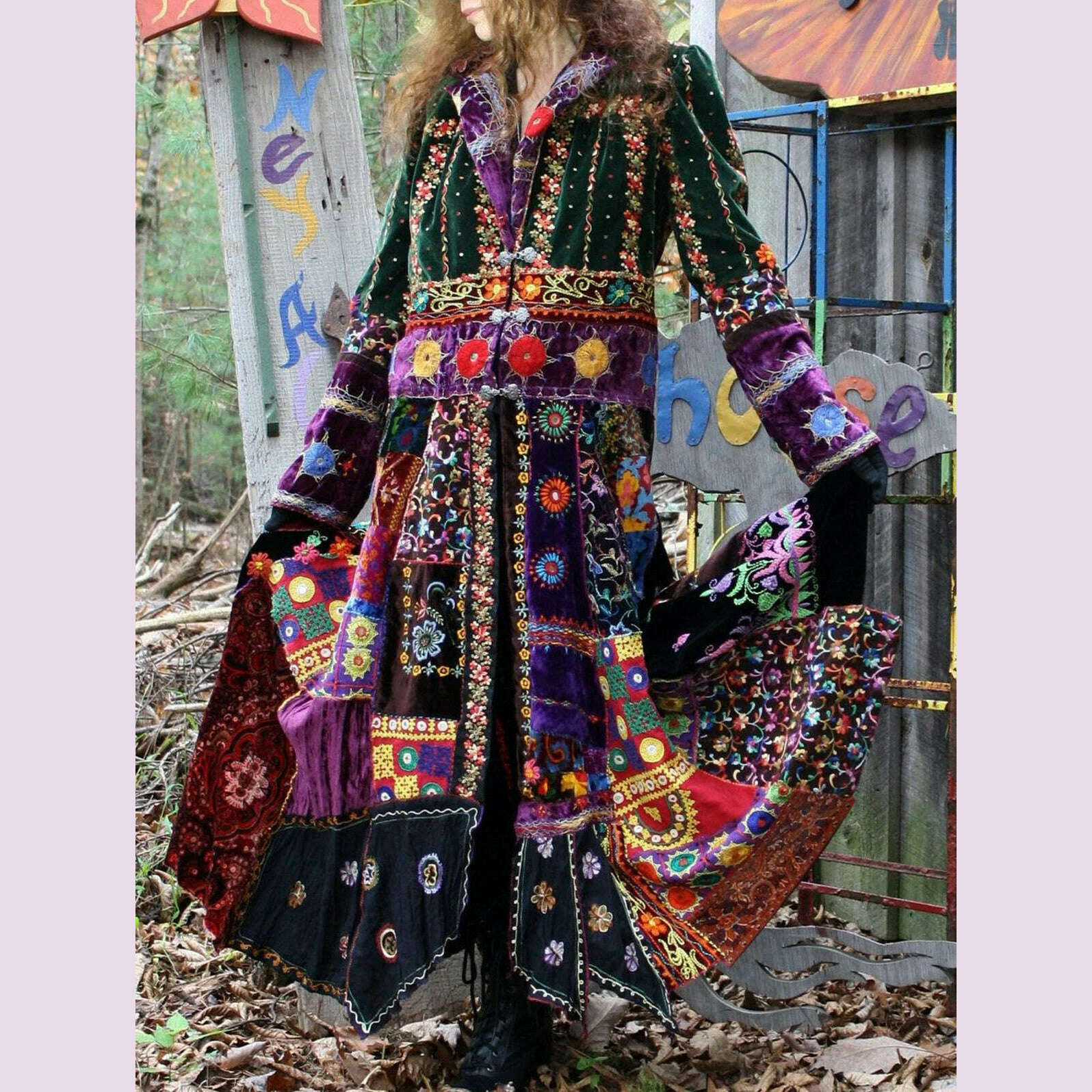 KIMLUD, Women Velvet Dress Floral Printed Pleated Dress Turn Down Collar American Retro  Casual Long Sleeve Patchwork Outerwear Dress, KIMLUD Womens Clothes