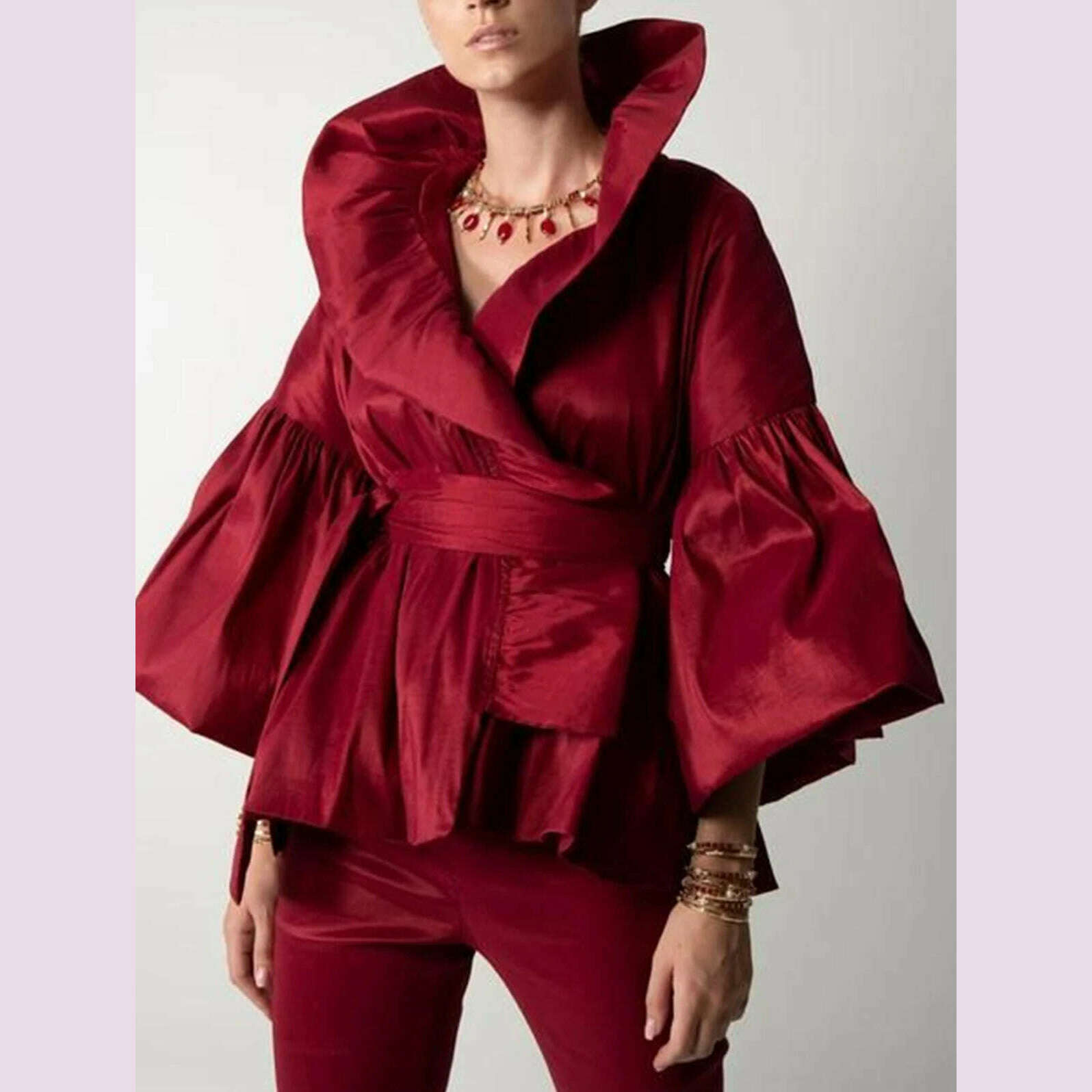 KIMLUD, Women Vintage Court Style Blouse Satin Petal Sleeve Stand Collar Bud Shape American Retro Shirt Blouse Autumn Tops, Red / S / CHINA, KIMLUD APPAREL - Womens Clothes