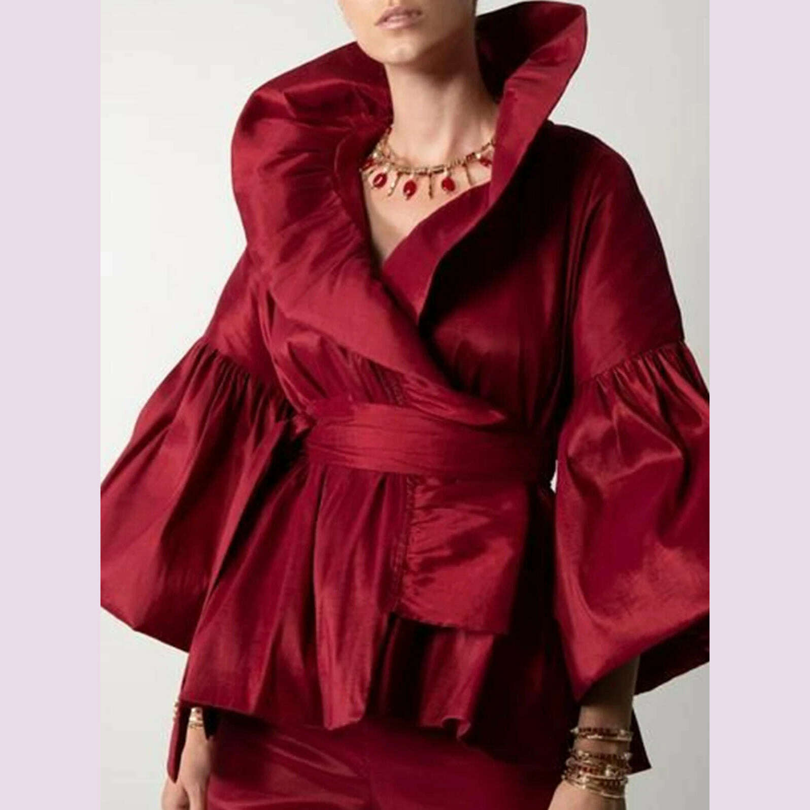 KIMLUD, Women Vintage Court Style Blouse Satin Petal Sleeve Stand Collar Bud Shape American Retro Shirt Blouse Autumn Tops, KIMLUD Womens Clothes